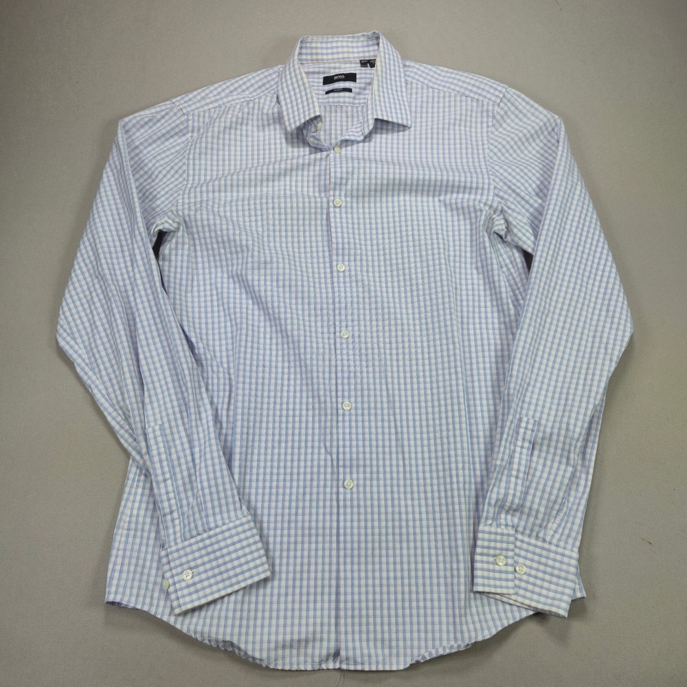 Hugo Boss Button Down Shirt Slim Fit Check Plaid‎ Blue White Mens 16.5 36/37